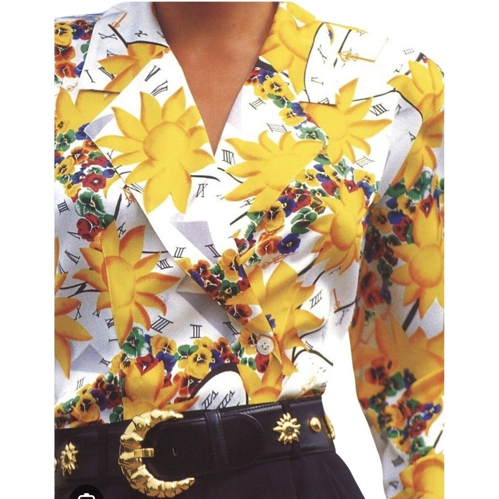 Vintage 80s Escada Silk Blouse Sunflower Clock Novelty Print Top NWT Sz‎ 40 M